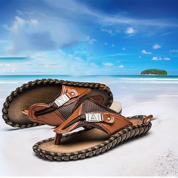 New Men's Flip Flops Genuine Leather Slippers